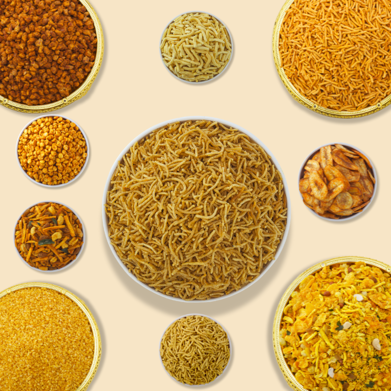 Assorted namkeen snacks served during Indian festivals.