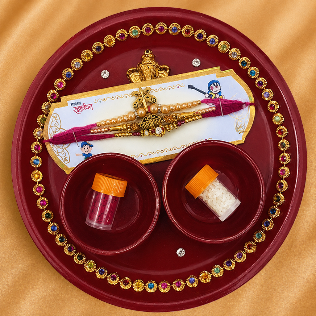 Rakhi Celebration Thali | 3 Rakhis, Kumkum & Rice