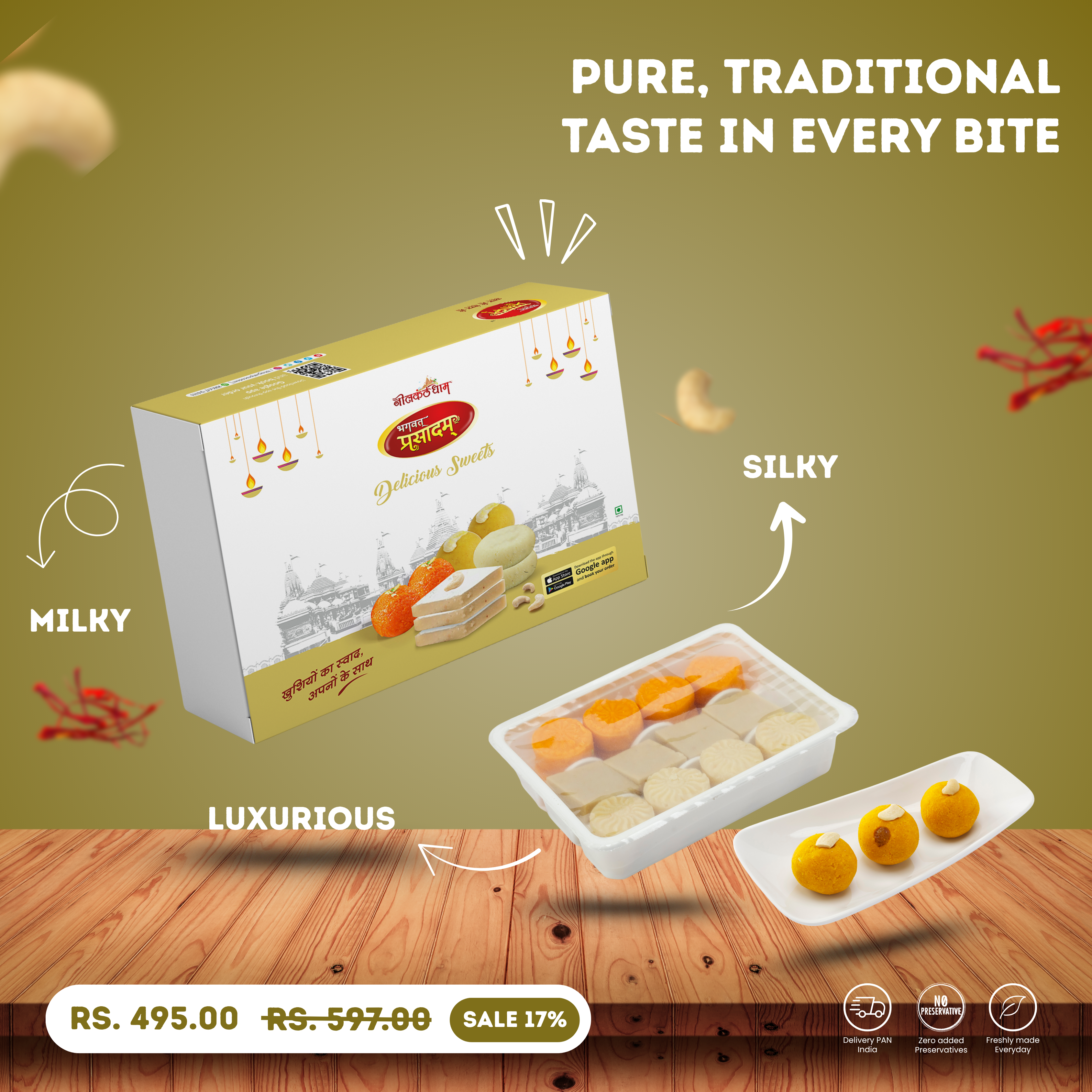 Best Sweets Combo for Diwali Gifts Kaju Katli 250Gm + Motiya Ladoo 250Gm +  Milk Peda 250Gm + Motichur Ladoo 250Gm