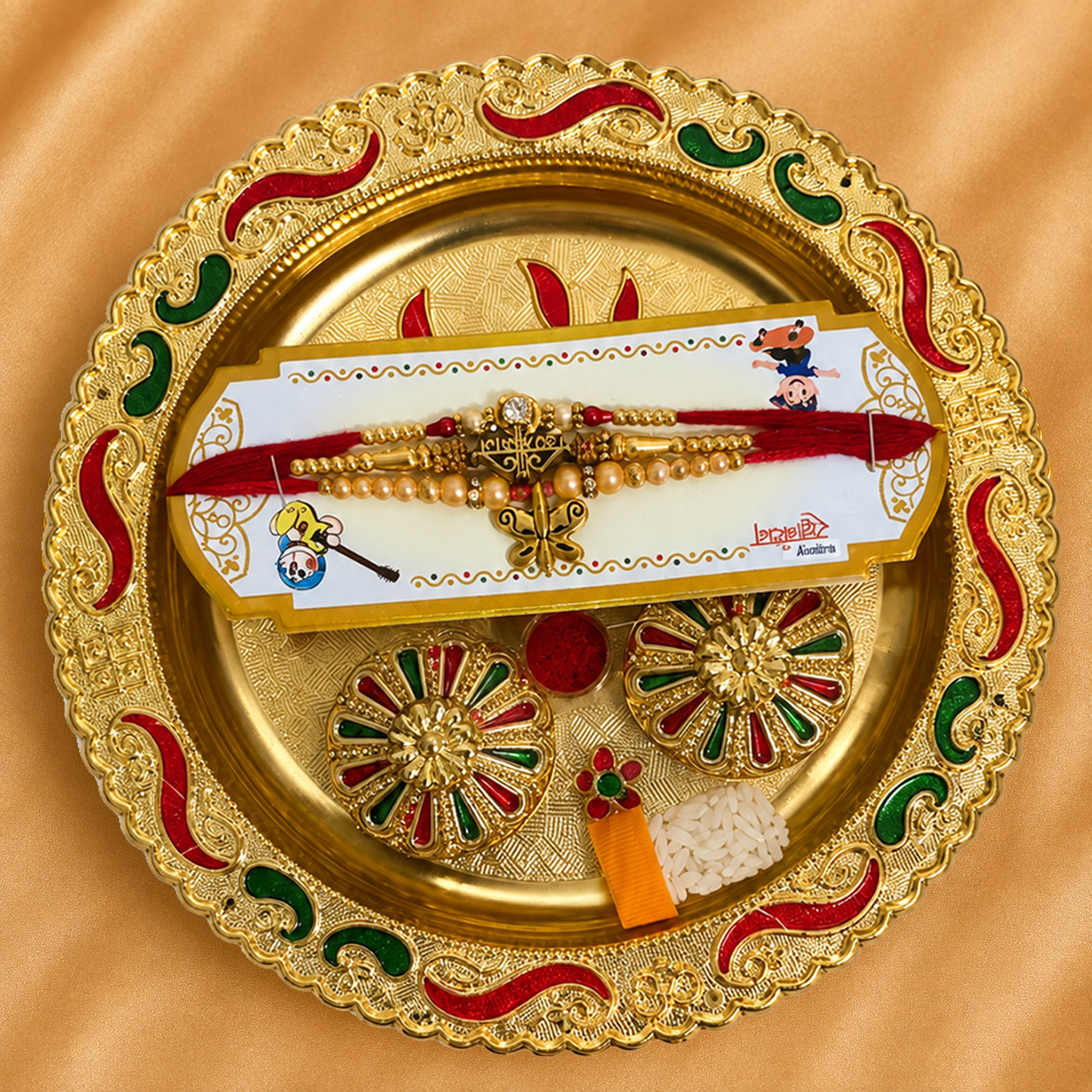 Premium Rakhi Thali | 3 Rakhis with  Kumkum & Rice