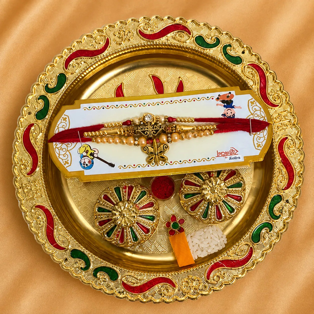 Premium Rakhi Thali | 3 Rakhis with  Kumkum & Rice