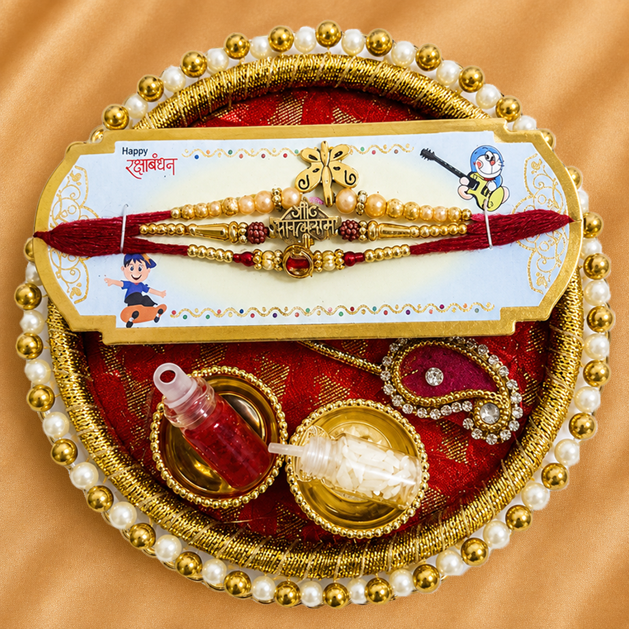 Raksha Bandhan Rakhi Thali | 3 Rakhis with Kumkum & Rice
