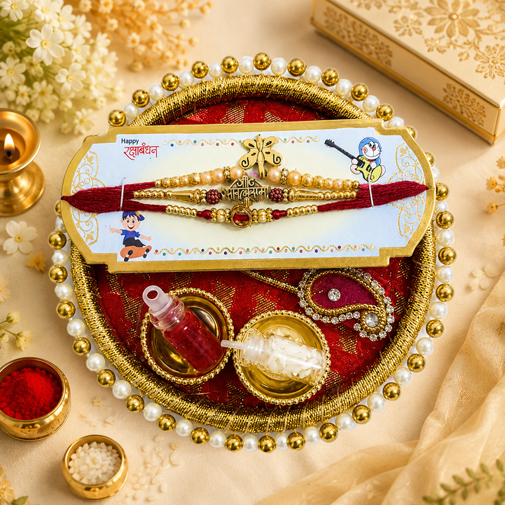 Raksha Bandhan Rakhi Thali | 3 Rakhis with Kumkum & Rice