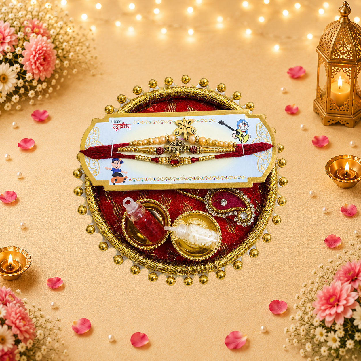 Premium Family Raksha Bandhan Hamper | Dry Fruit Chikki & Kesar Penda | 3 Designer Rakhis