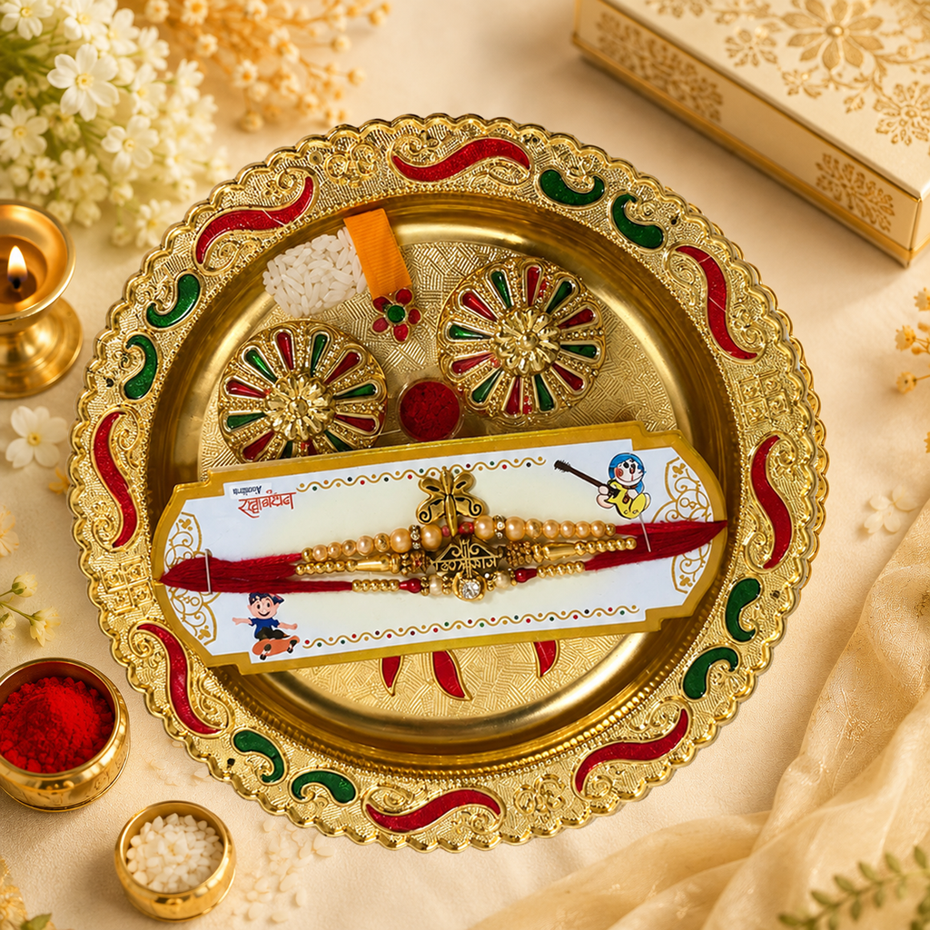 Premium Rakhi Thali | 3 Rakhis with  Kumkum & Rice