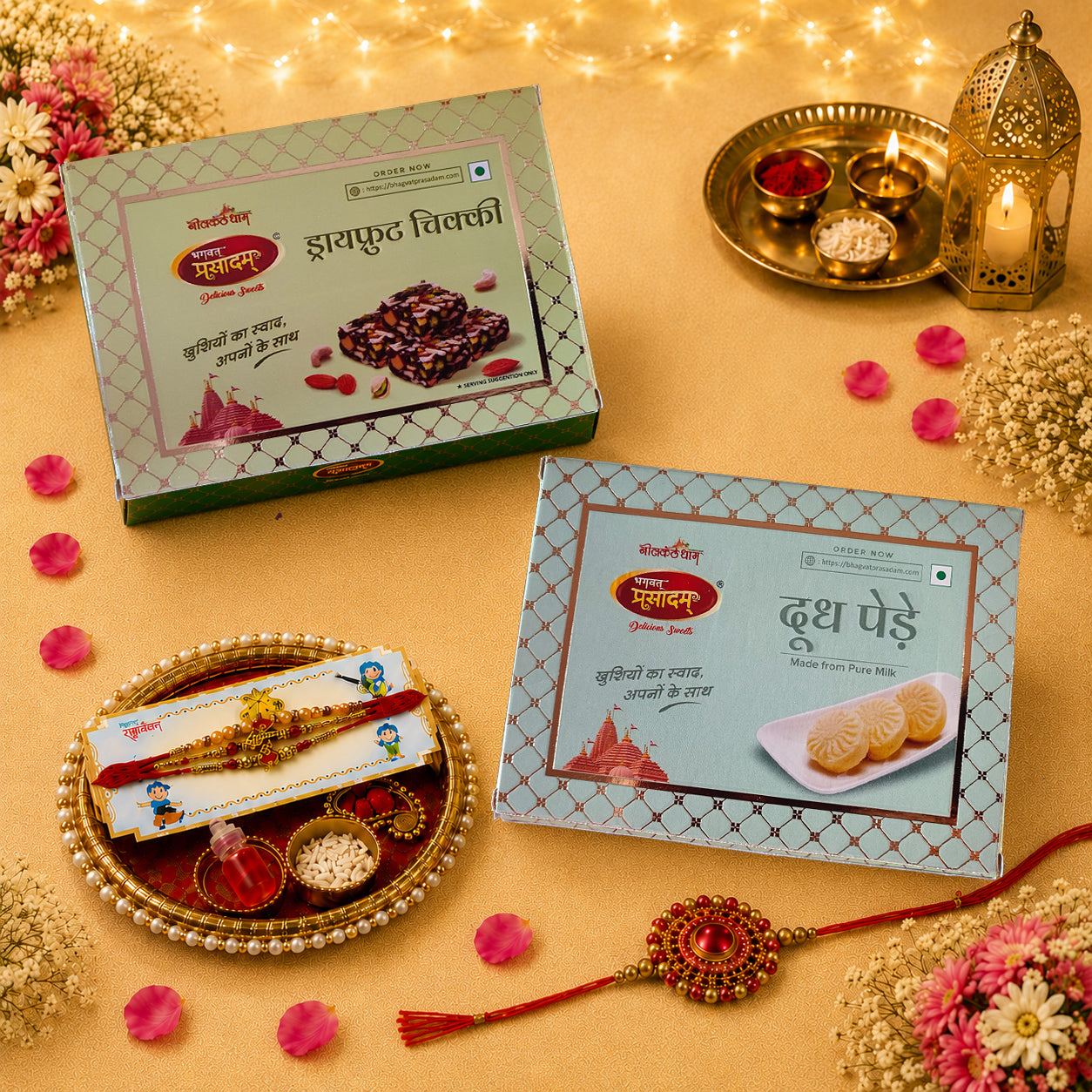 Premium Raksha Bandhan Hamper | Dry Fruits Chikki, Penda & 3 Designer Rakhis