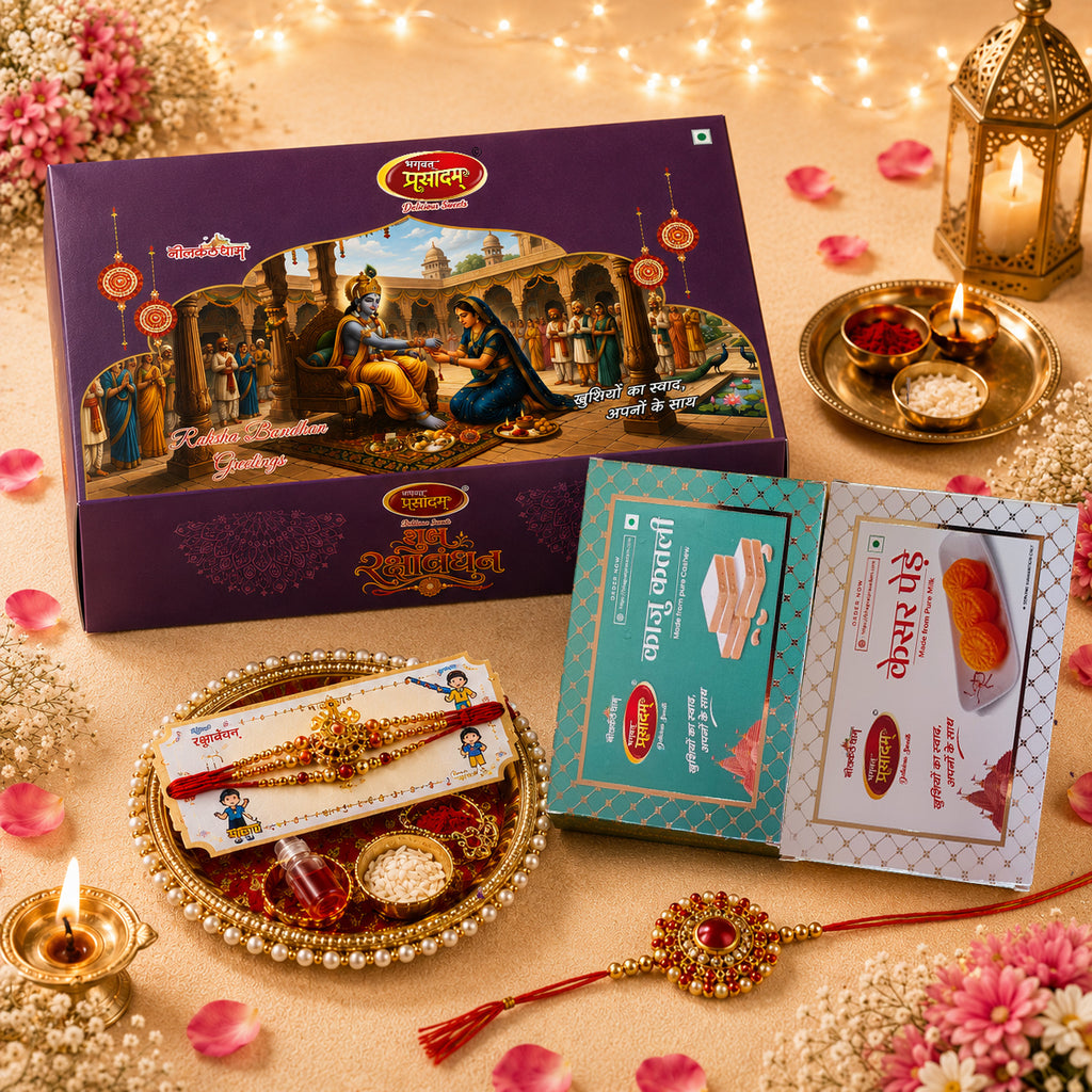 Family Rakhi Celebration Hamper | Kaju Katli & Kesar Penda | 3 Designer Rakhis