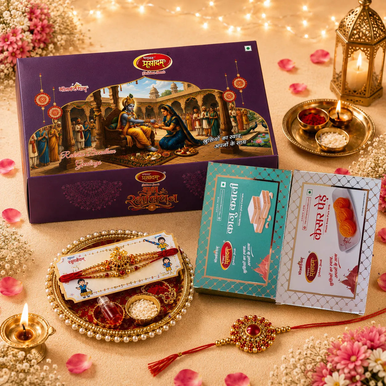 Family Rakhi Celebration Hamper | Kaju Katli & Kesar Penda | 3 Designer Rakhis
