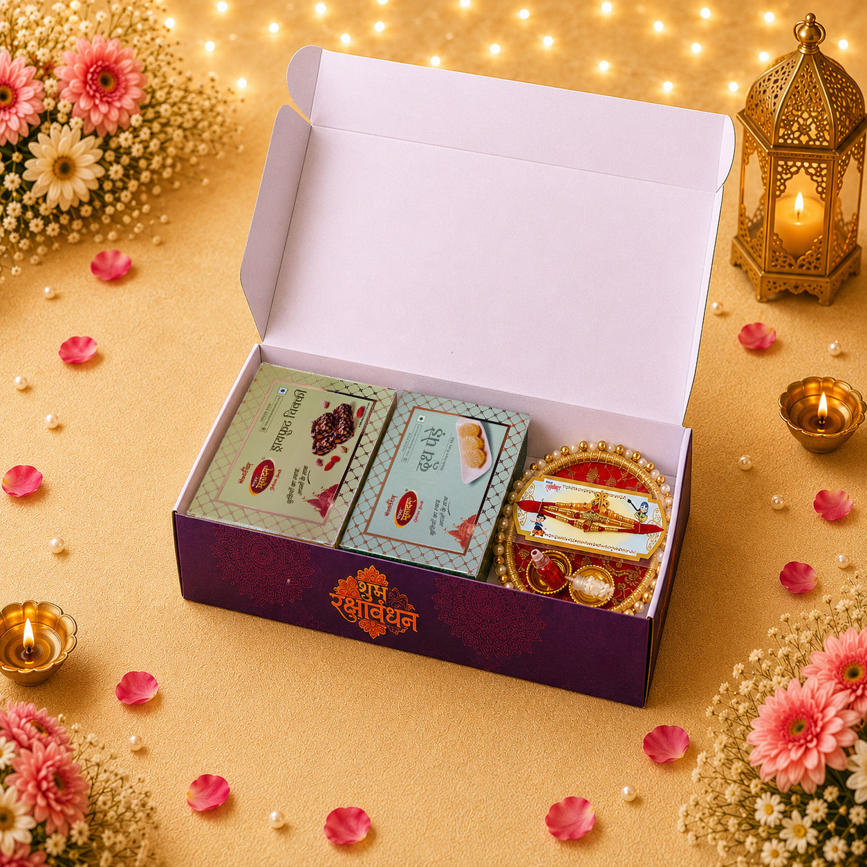 Premium Raksha Bandhan Hamper | Dry Fruits Chikki, Penda & 3 Designer Rakhis