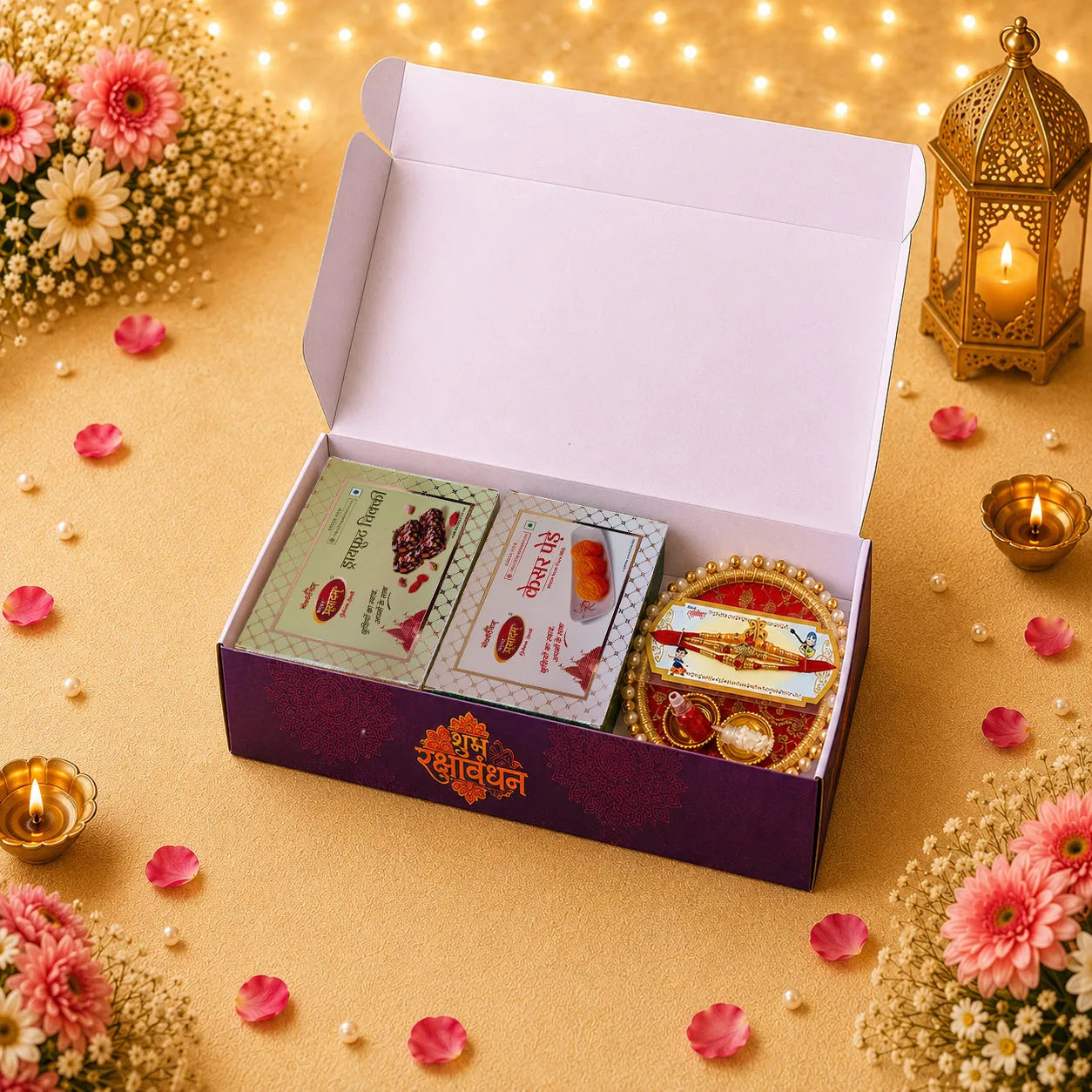 Premium Family Raksha Bandhan Hamper | Dry Fruit Chikki & Kesar Penda | 3 Designer Rakhis