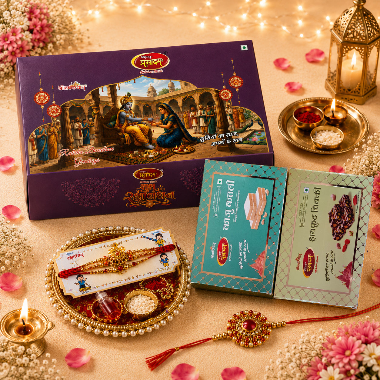 Rakhi Celebration Hamper | Dry Fruit Chikki & Kaju Katli with 3 Designer Rakhis