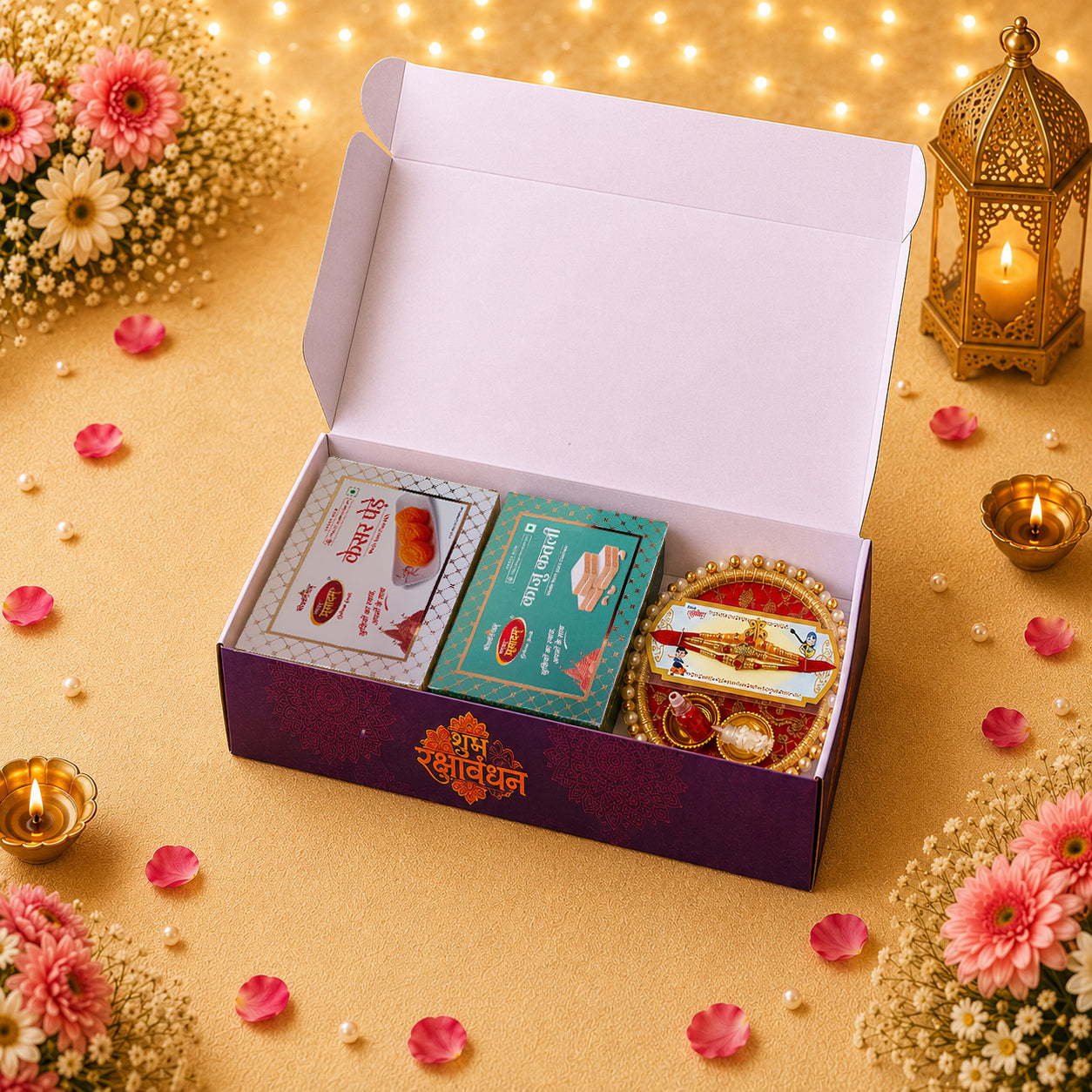 Family Rakhi Celebration Hamper | Kaju Katli & Kesar Penda | 3 Designer Rakhis