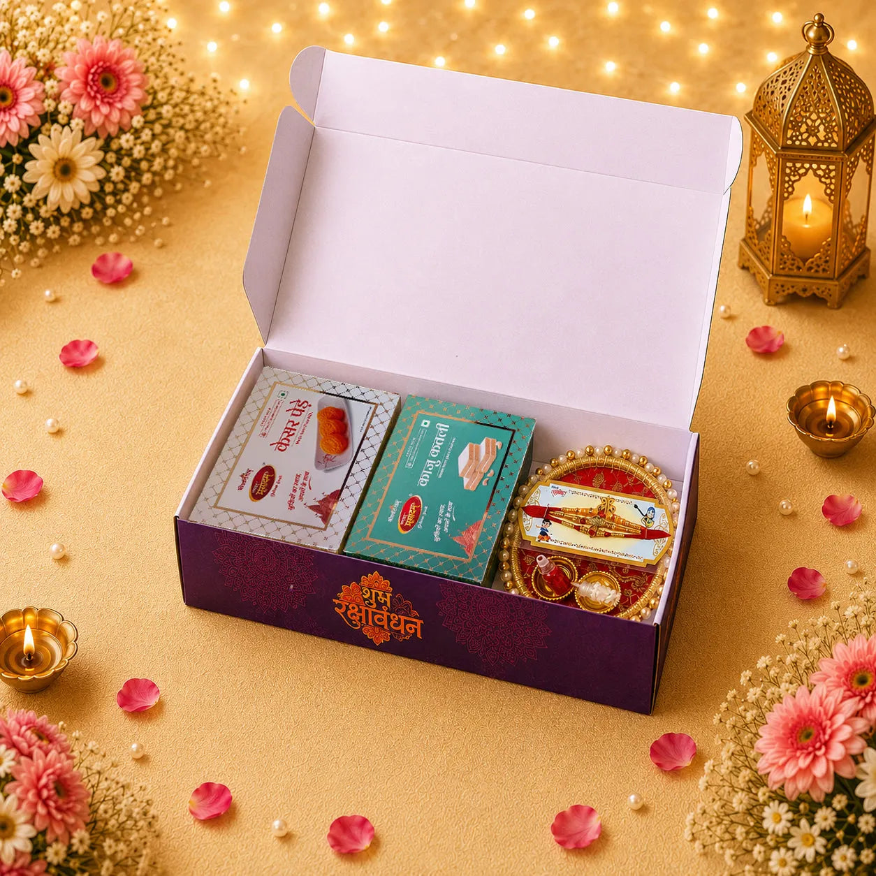 Family Rakhi Celebration Hamper | Kaju Katli & Kesar Penda | 3 Designer Rakhis