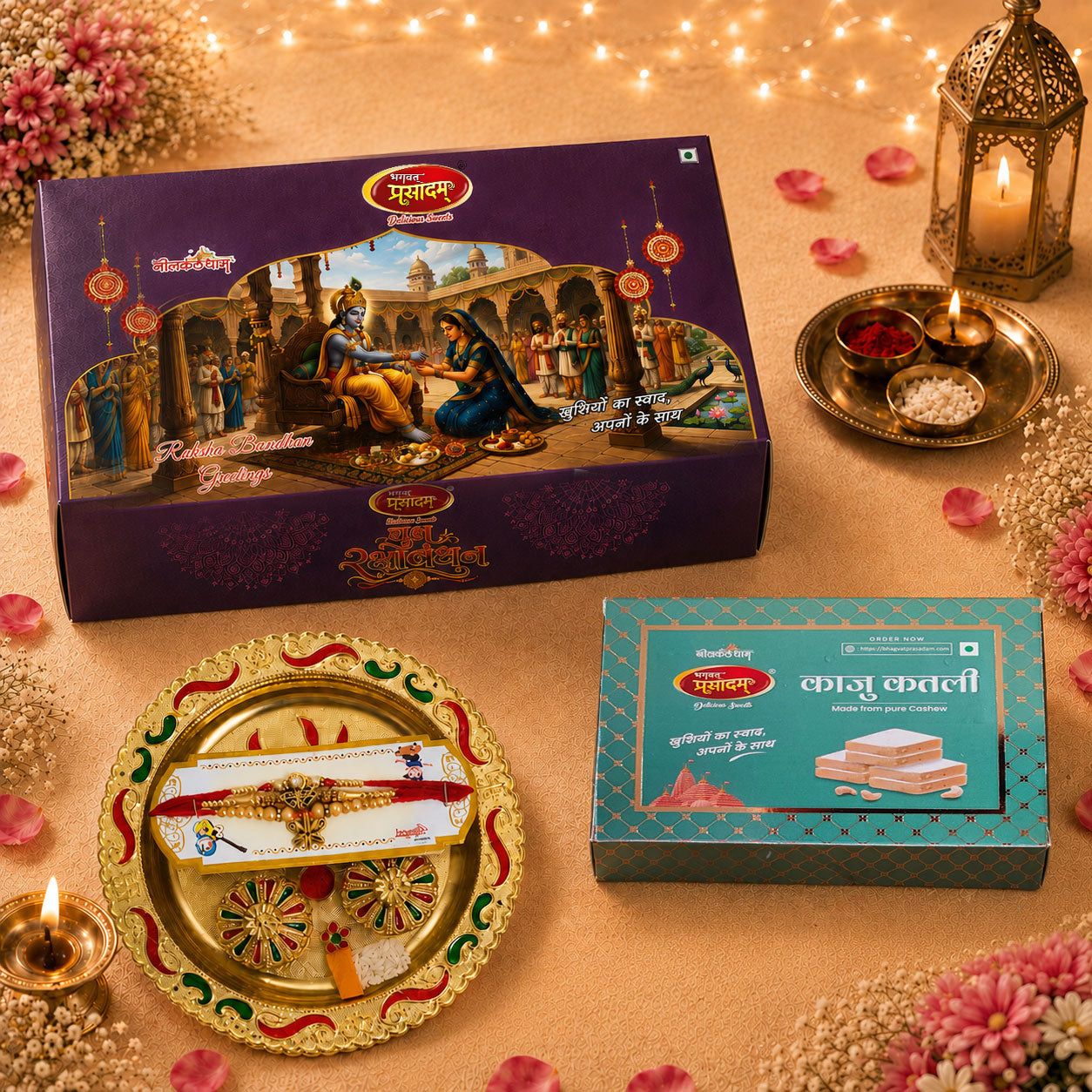 Golden Rakhi Celebration Thali with Kaju Katli Sweets
