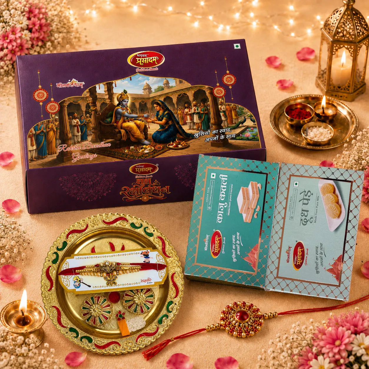 Premium Rakhi Gift Hamper with Kaju Katli & Penda | 2 Designer Rakhis