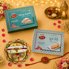 Premium Rakhi Gift Hamper with Kaju Katli & Penda | 2 Designer Rakhis