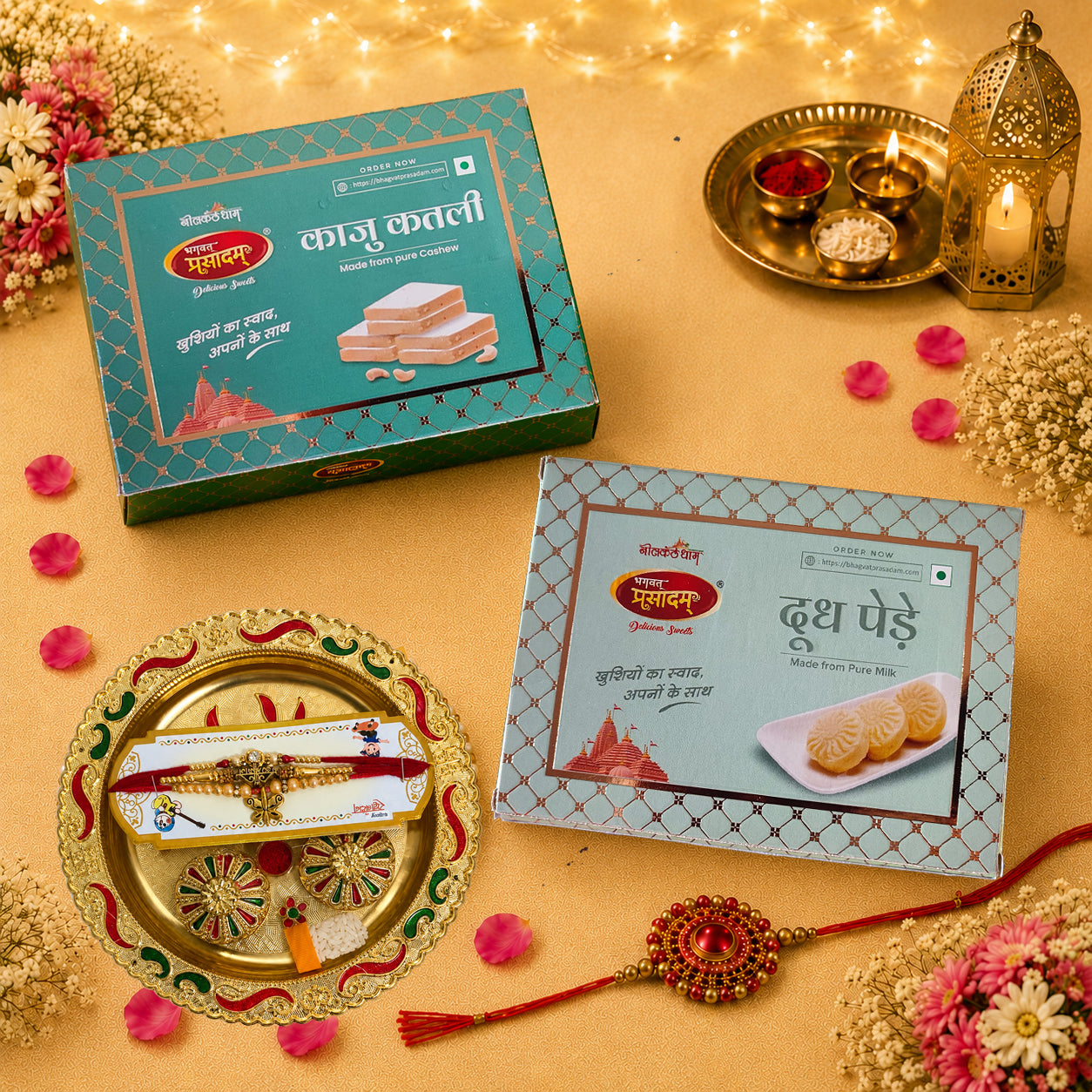Premium Rakhi Gift Hamper with Kaju Katli & Penda | 2 Designer Rakhis